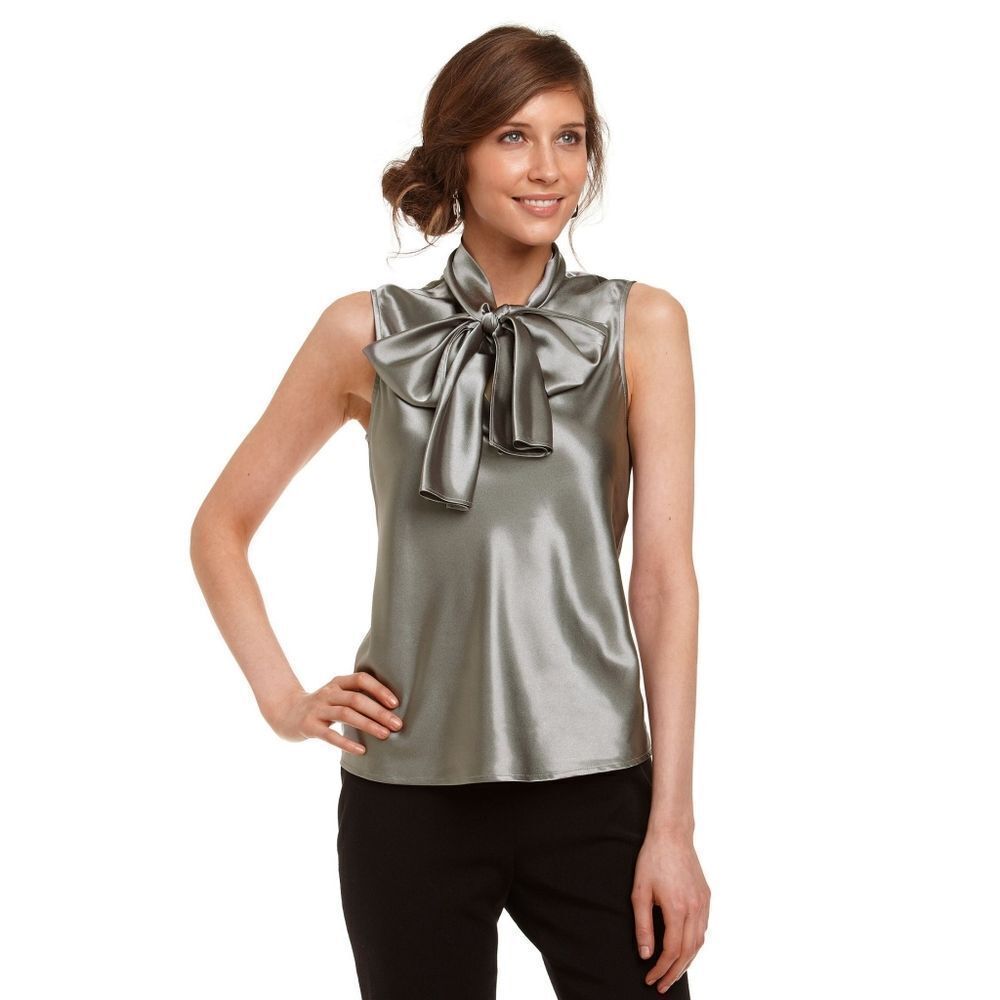 New! NINE WEST Women's Charmeuse Tie-Neck Top Blouse Size XS Color Platinum